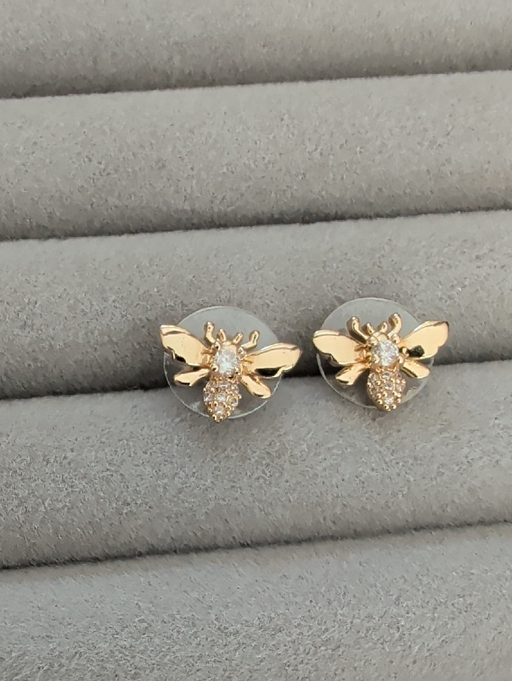 Gold Bee Stud Earrings - Sparkling Crystal Accent